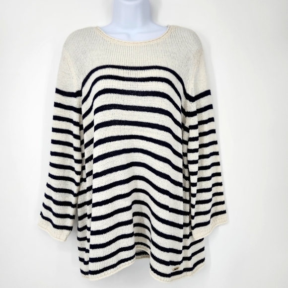 Jones New York Womens Open Knit Sweater Size XL Navy Stripe Coastal Nautical - Picture 1 of 7